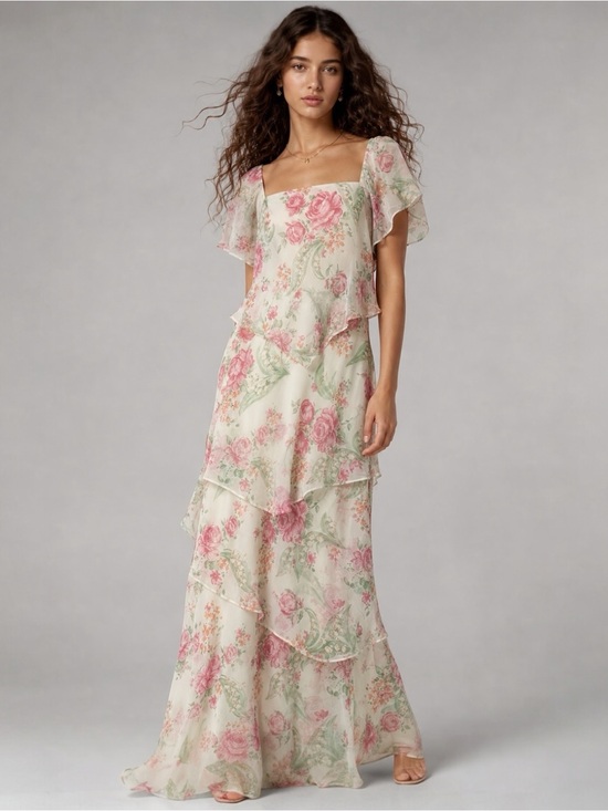Vintage Dresses & Skirts - Vintage 70s Floral Maxi Dress Ivory Pink Tiered Ruffle Cottagecore Prairie Gown